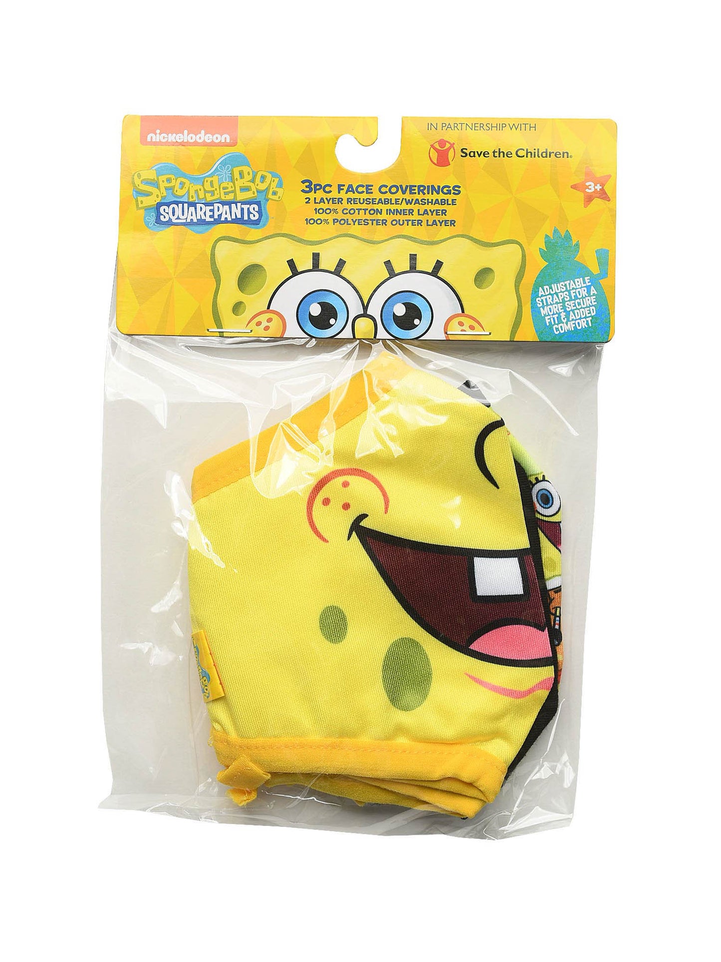 Kids Spongebob Squarepants Reusable Face Masks 3 Pack Smiles & Krabby Patties