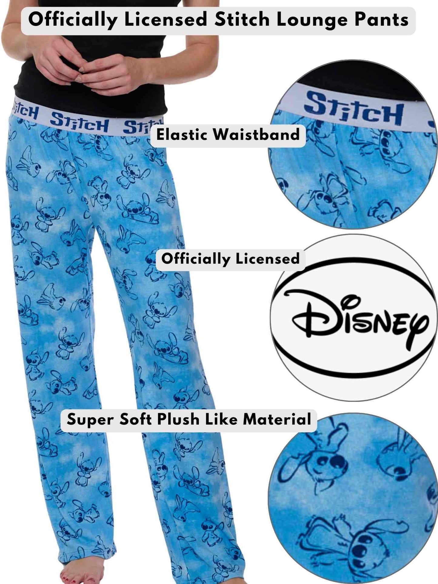 Womens Disney Stitch Pajama Pants Sleepwear Lounge Pants Blue Elastic Waist