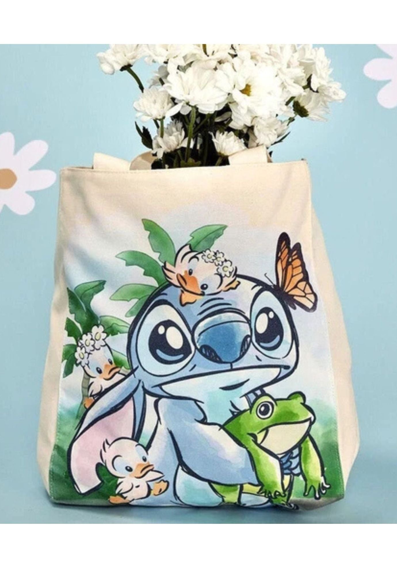 Loungefly x Disney Stitch w/ Frog & Ducks Springtime Canvas Tote Bag