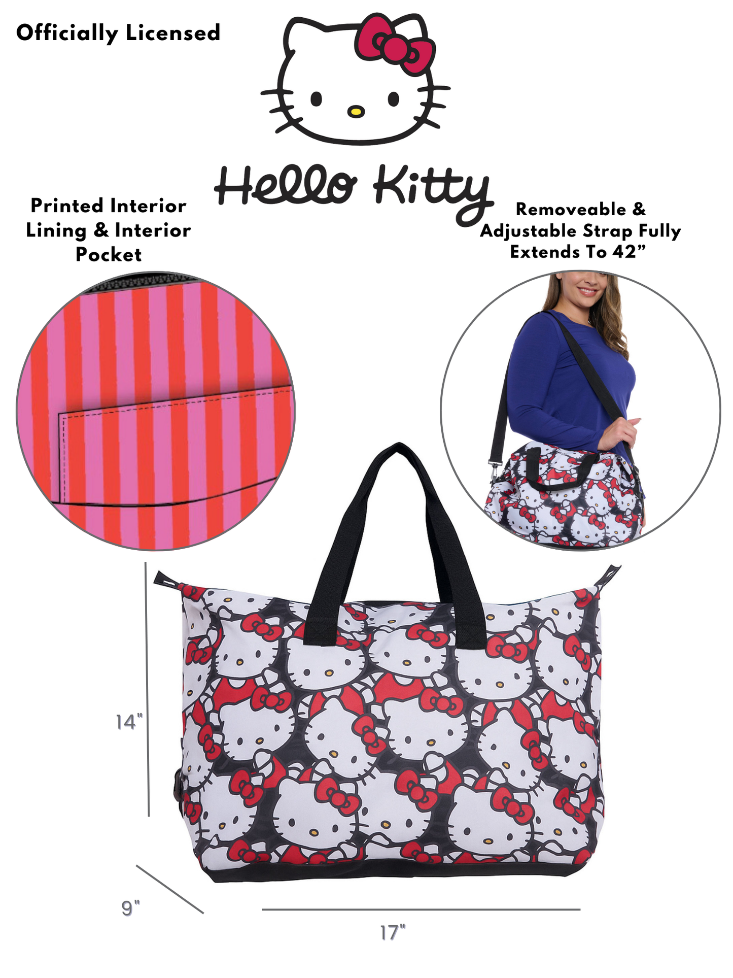Hello Kitty Duffel Bag Travel Weekender Carry-On Large All-Over Print