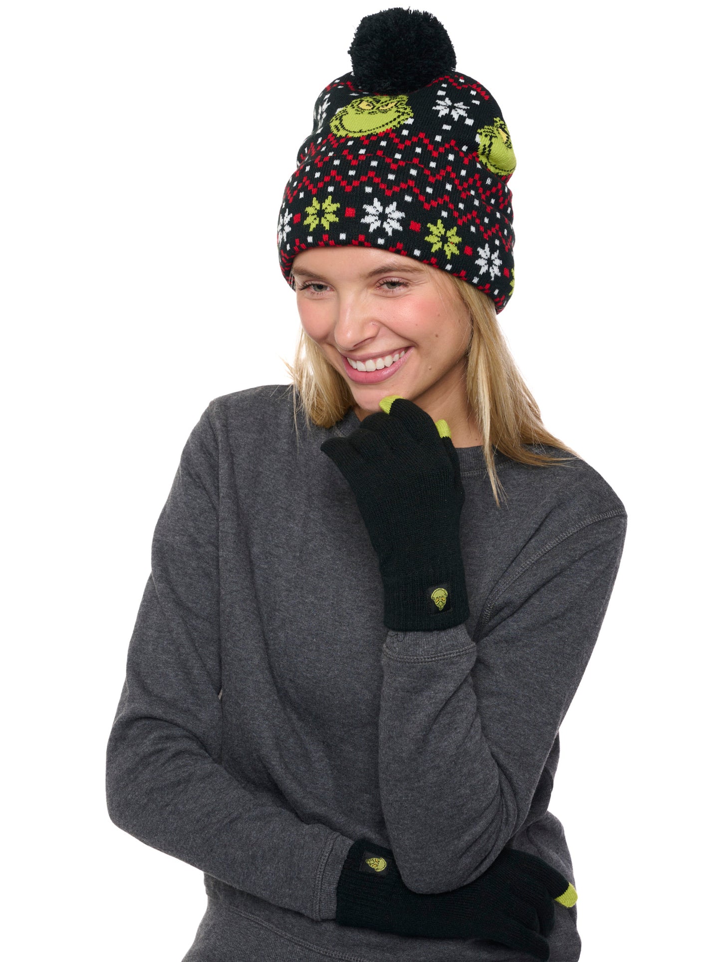 Dr Seuss Grinch Beanie Hat & Touch Screen Gloves Women's Men's Knit Christmas
