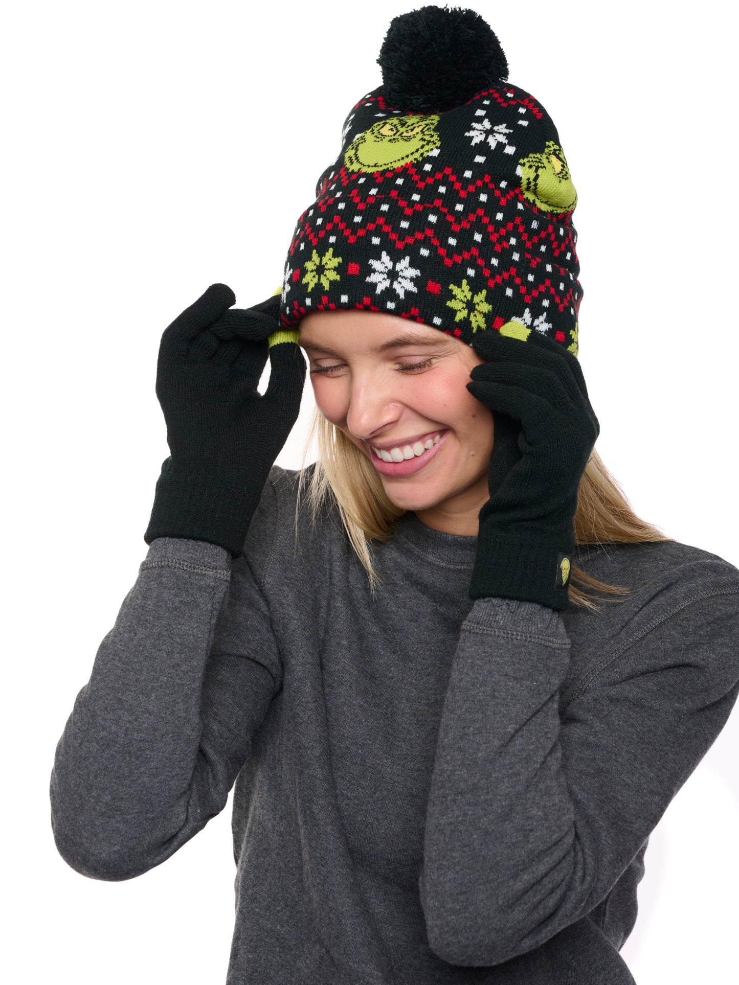 Dr Seuss Grinch Beanie Hat & Touch Screen Gloves Women's Men's Knit Christmas