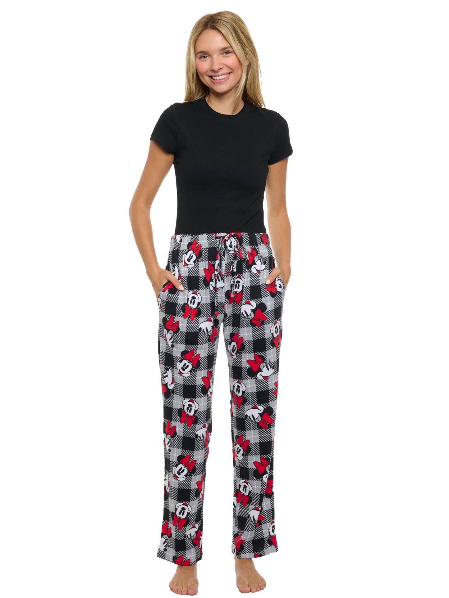 Womens Disney Minnie Mouse Pajama Pants Loungewear Plaid Red Black Disney