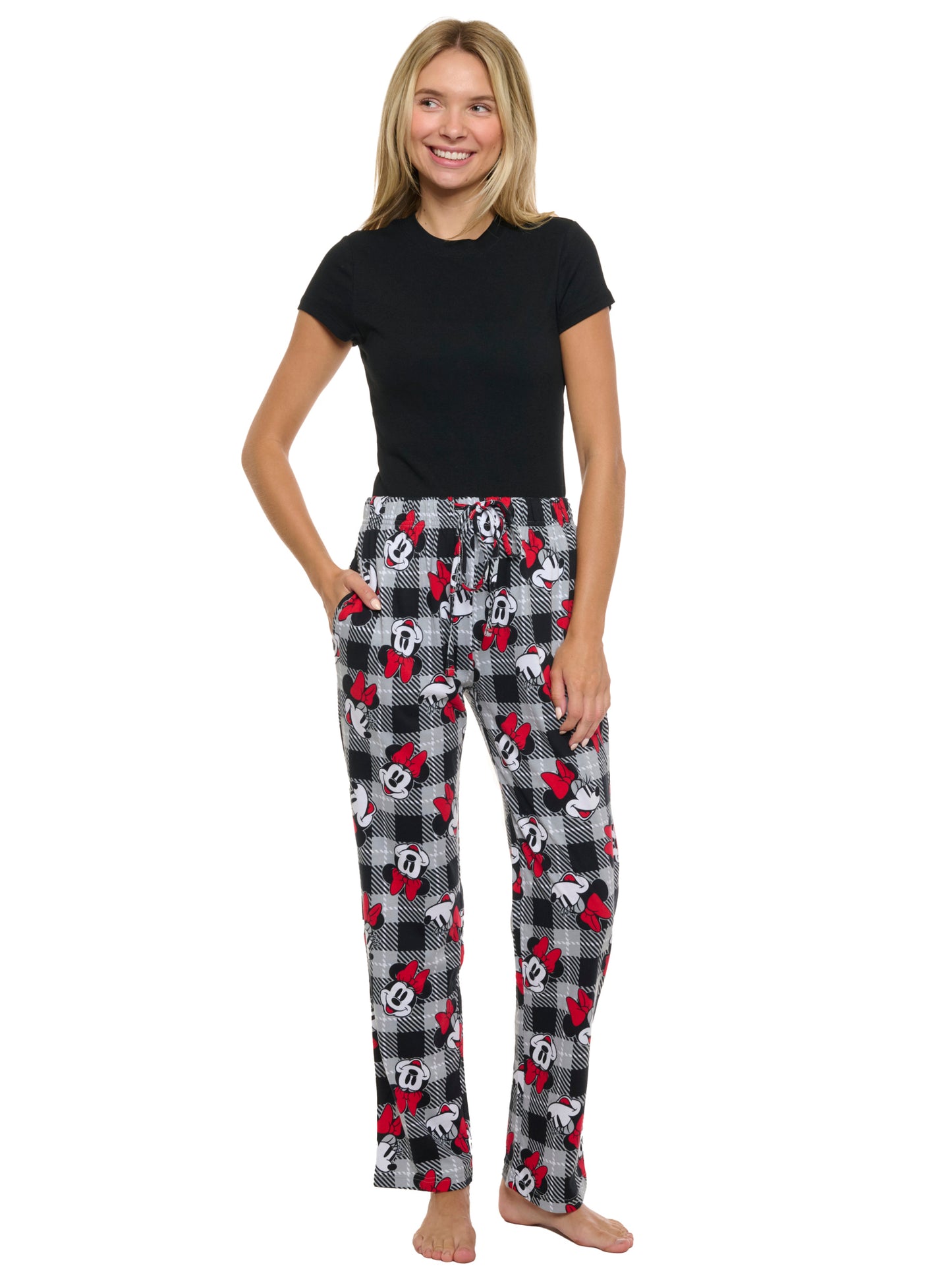 Womens Disney Minnie Mouse Pajama Pants Loungewear Plaid Red Black Disney