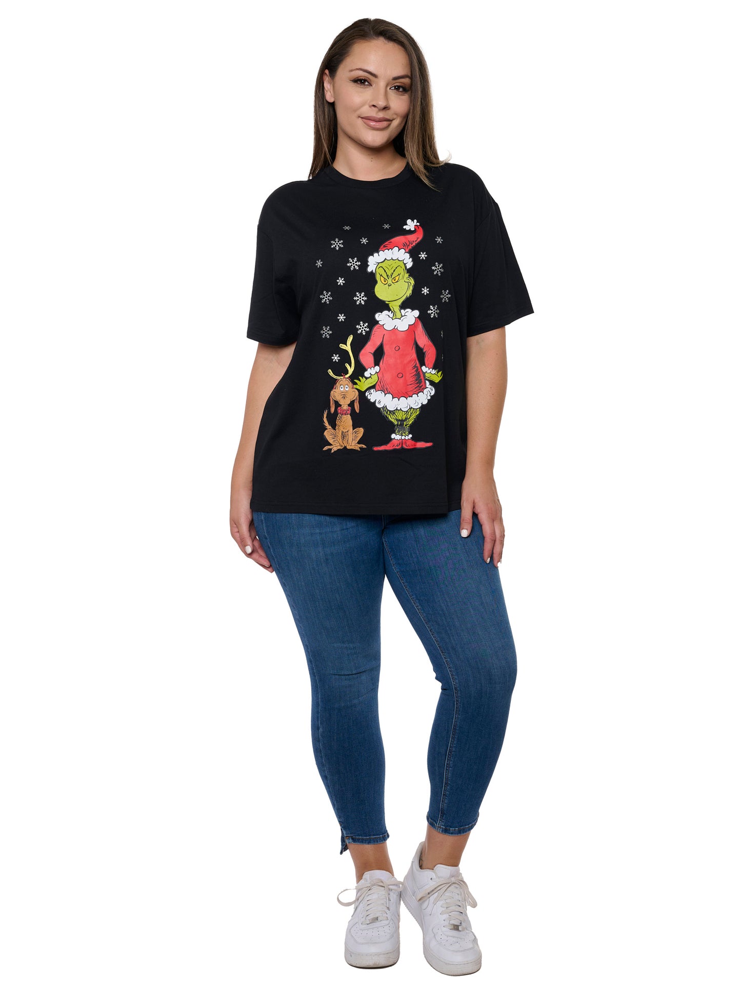 Women's and Women's Plus Dr. Seuss Grinch & Max T-Shirt Christmas Holiday Black