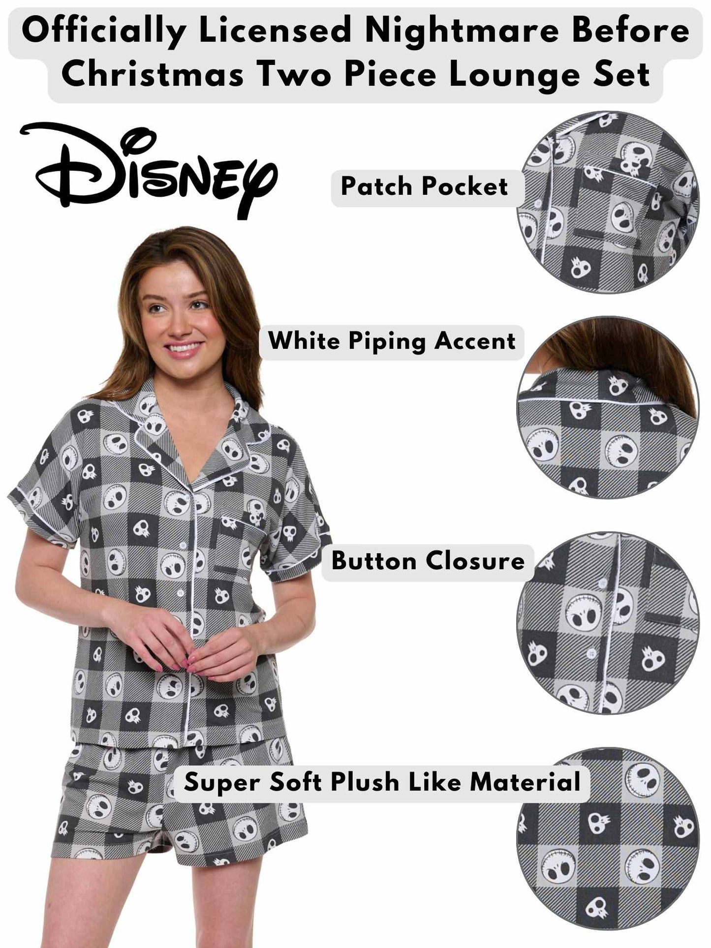 Disney Womens Jack Skellington 2 Piece Button Shirt and Short Pajama Lounge Set