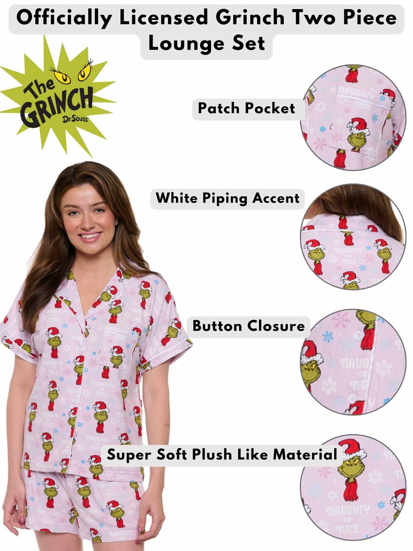 Womens Dr Seuss Grinch Pajamas Button Up Shirt and Shorts 2-Piece Lounge Set