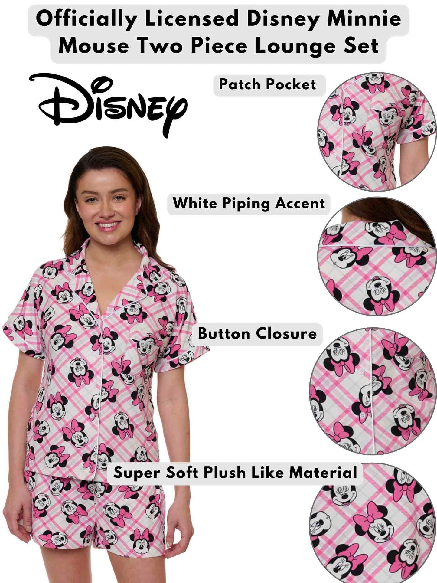 Women's Disney Minnie Mouse 2-Piece Pajama Set Button Shirt Shorts Super Soft