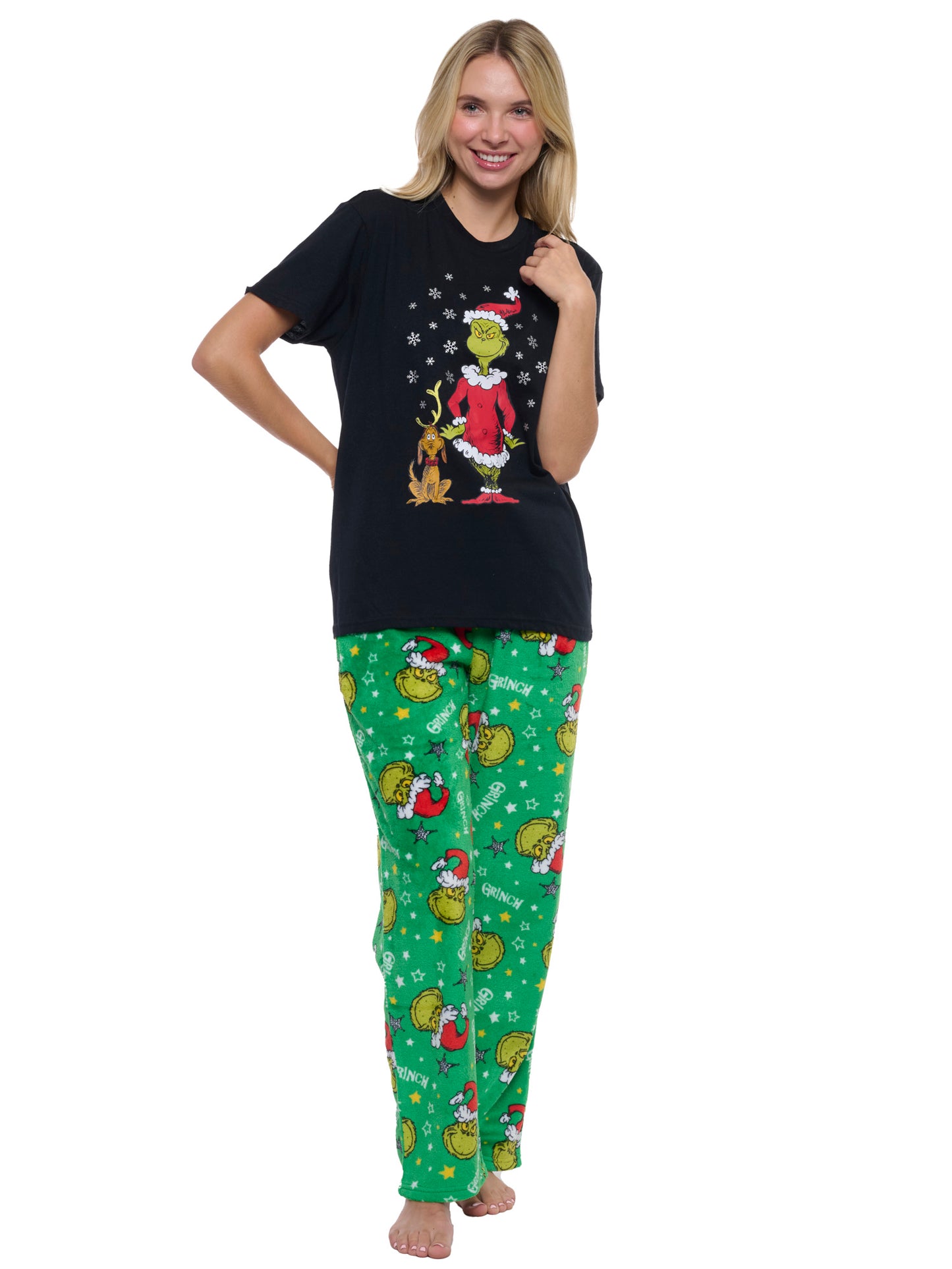 Women's & Women's Plus Dr Seuss' Grinch Pajama Set T-Shirt & Plush Pants Green