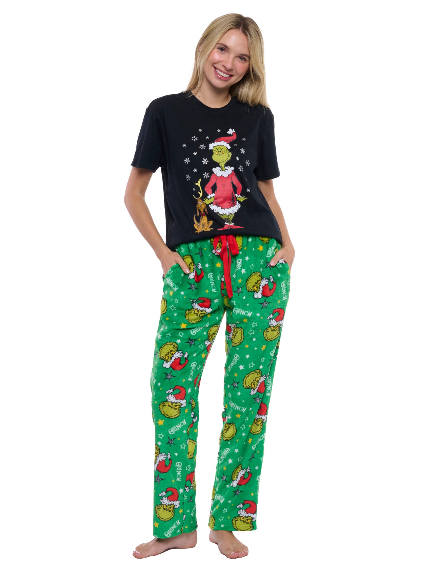 Women's & Women's Plus Dr Seuss' Grinch Pajama Set T-Shirt & Plush Pants Green