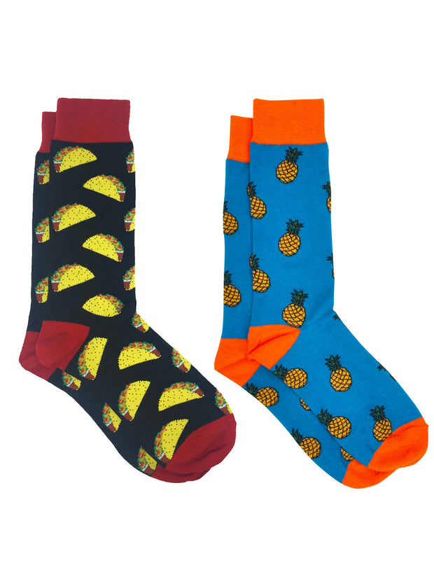 Men's Pineapple Tropical Socks & All-Over Taco Novelty Food Socks 2-Pair Set