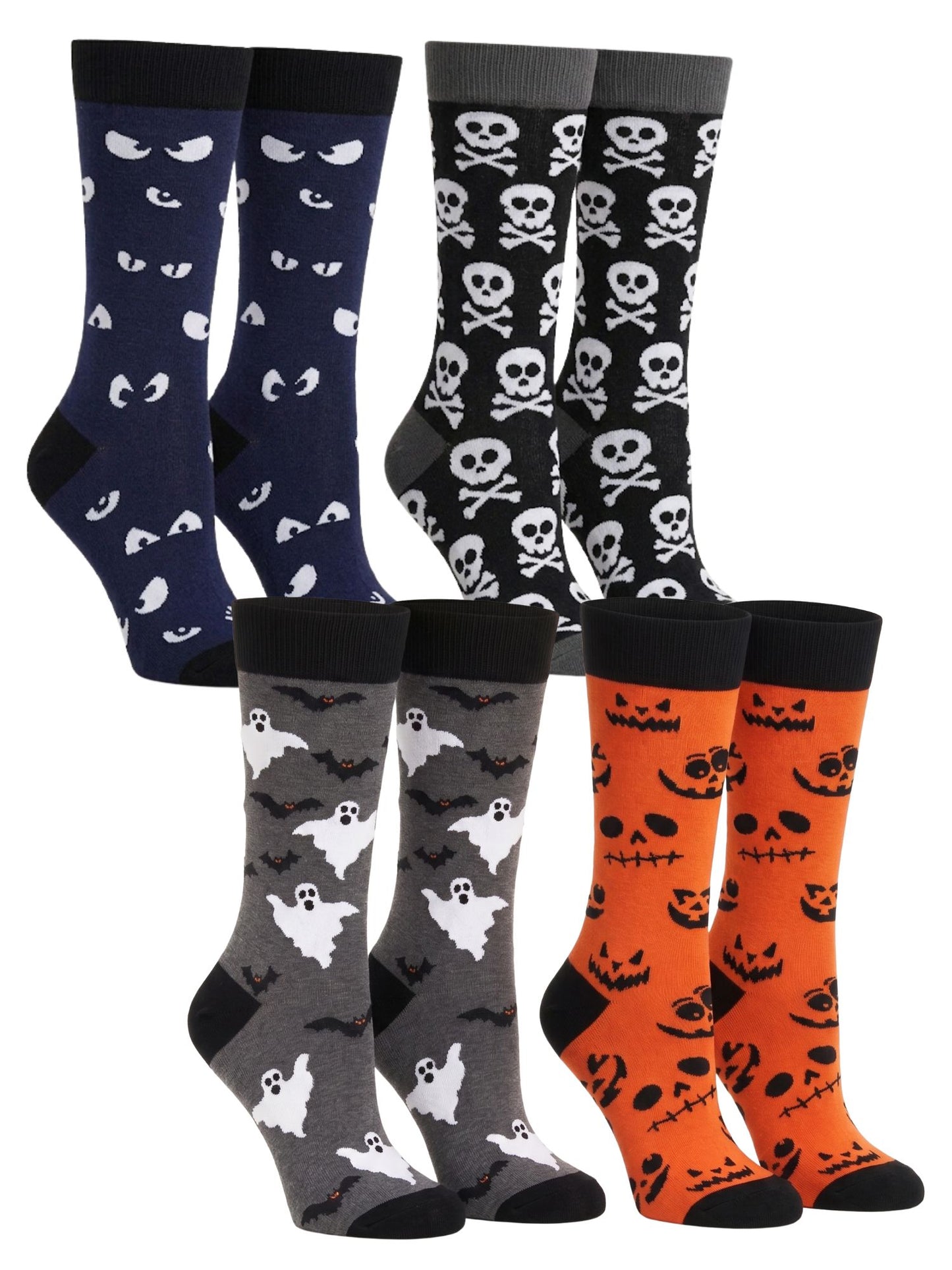 Men's Halloween Socks Jack O' Lanterns Bats Spooky Eyes Skulls 4-Pair Set