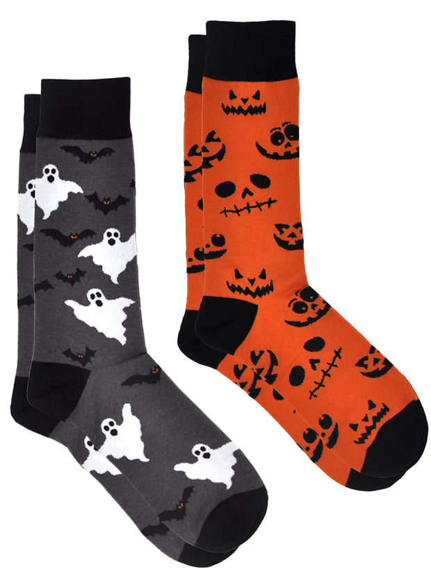 Men's Halloween Socks Jack O'Lanterns & Bats Ghosts 2-Pairs Size 10-13