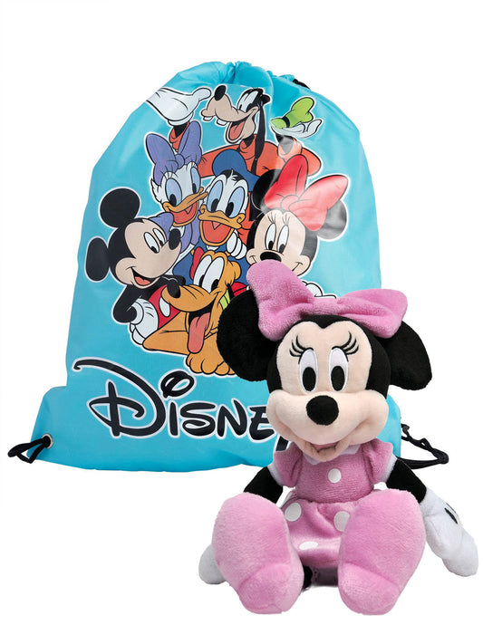 Girls Disney Pink 11" Minnie Mouse Plush Toy w/ 15" Cinch Drawstring Bag Set