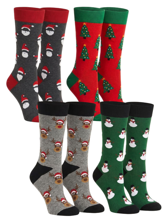 Men's Christmas Socks Santa Claus Trees Snowmen Reindeer Size 10-13(4-Pair Set)