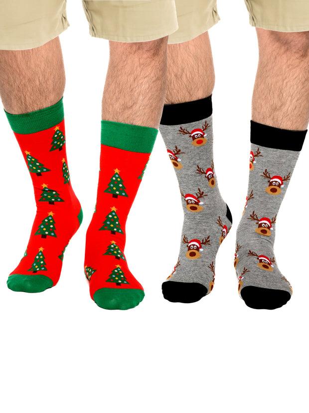 Men's Christmas Socks Reindeers & Trees & Size 10-13 (2-Pair Set)