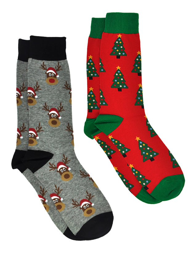 Men's Christmas Socks Reindeers & Trees & Size 10-13 (2-Pair Set)