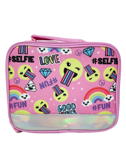Emoji Lunch Bag Insulated Pink Rainbows #Selfie Love #Fun Winky Faces Girls