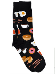 Men's Breakfast Socks All-Over Size 10-13 Eggs Pancakes Bacon Coffee Black