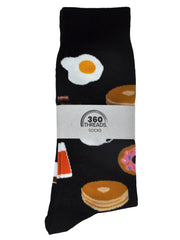 Men's Breakfast Socks All-Over Size 10-13 Eggs Pancakes Bacon Coffee Black