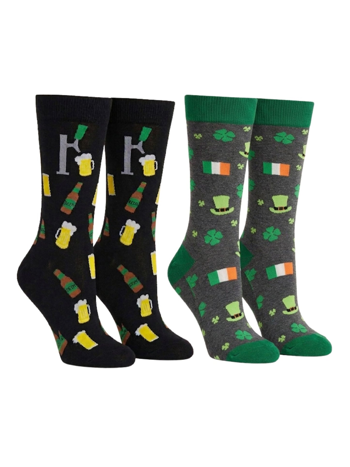 Men's St Patricks Day Irish Luck and Beer Tap w/ Mugs Socks 2-Pairs Black Gray