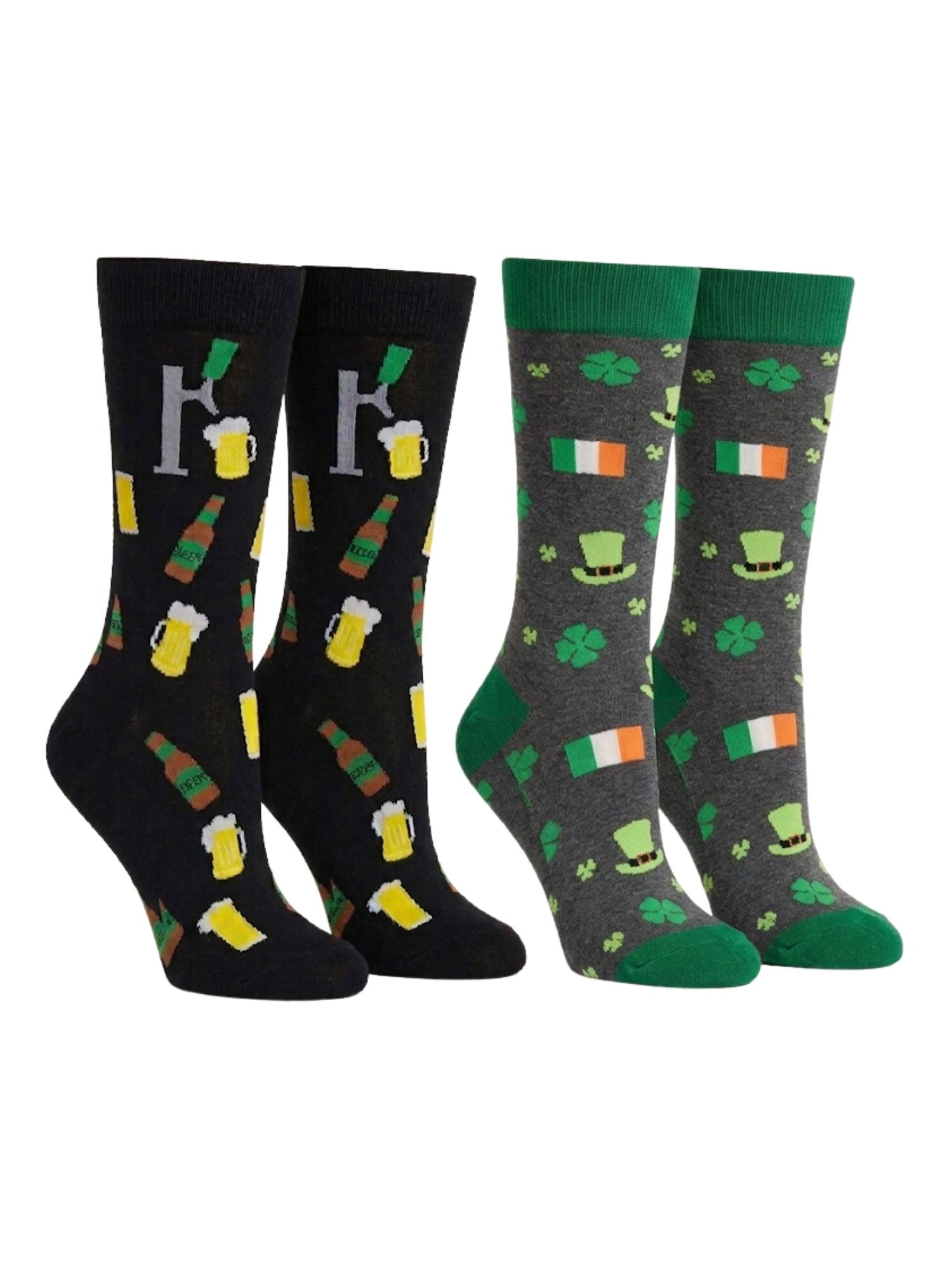 Men's St Patricks Day Irish Luck and Beer Tap w/ Mugs Socks 2-Pairs Black Gray