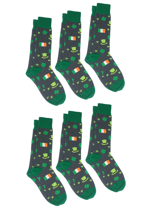 Men's St Patricks Day Socks Lucky Clovers Shamrocks Irish Flags Green (6 Pairs)