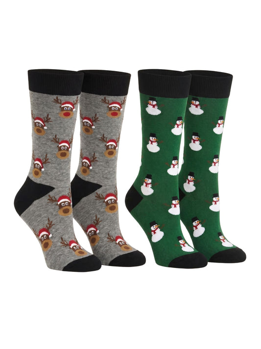 Men's Christmas Socks Snowmen All-Over Print & Reindeer Size (10-13) 2-Pair Set
