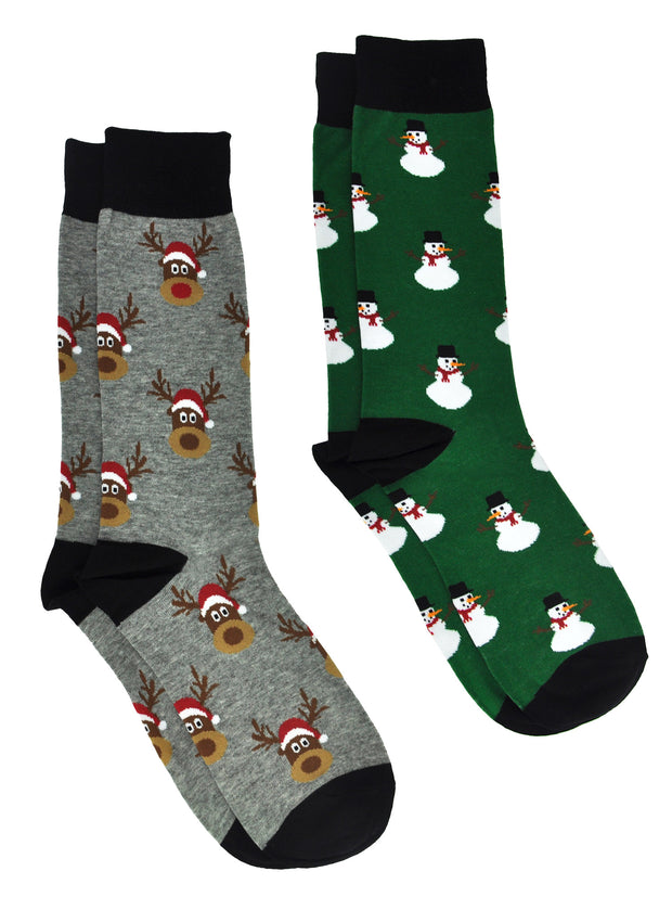Men's Christmas Socks Snowmen All-Over Print & Reindeer Size (10-13) 2-Pair Set