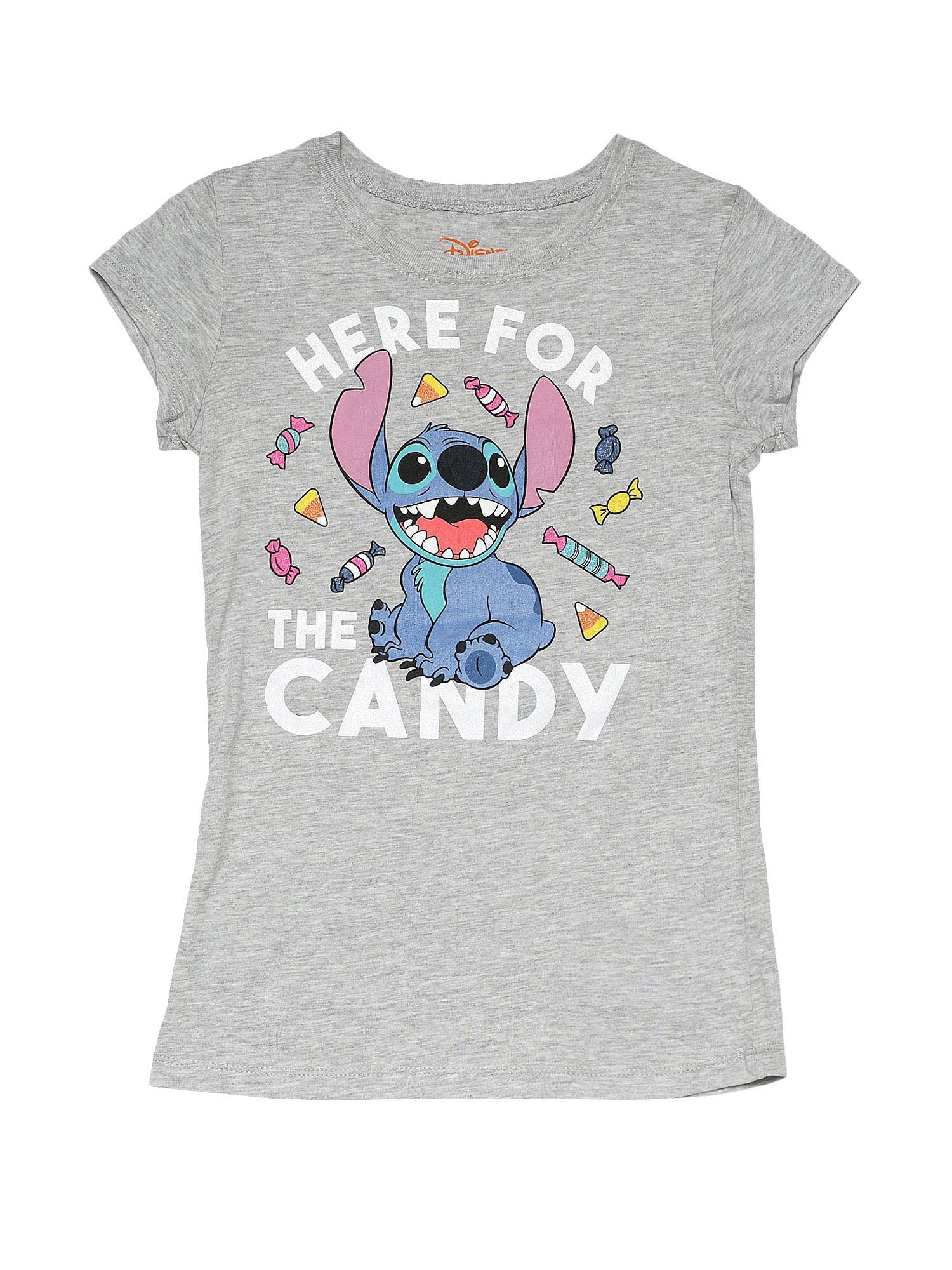 Disney Girls Lilo & Stitch Here For The Candy T-Shirt Cute Gray (Medium)