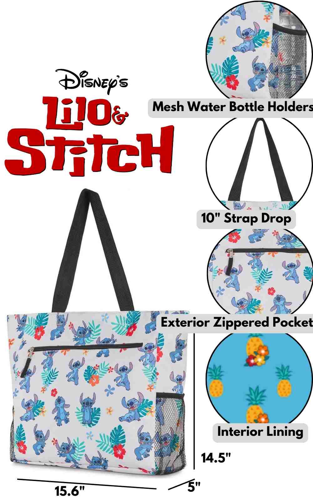Women's Disney Stitch Tote Bag Zippered Beach Travel Tote Water Bottle Pockets