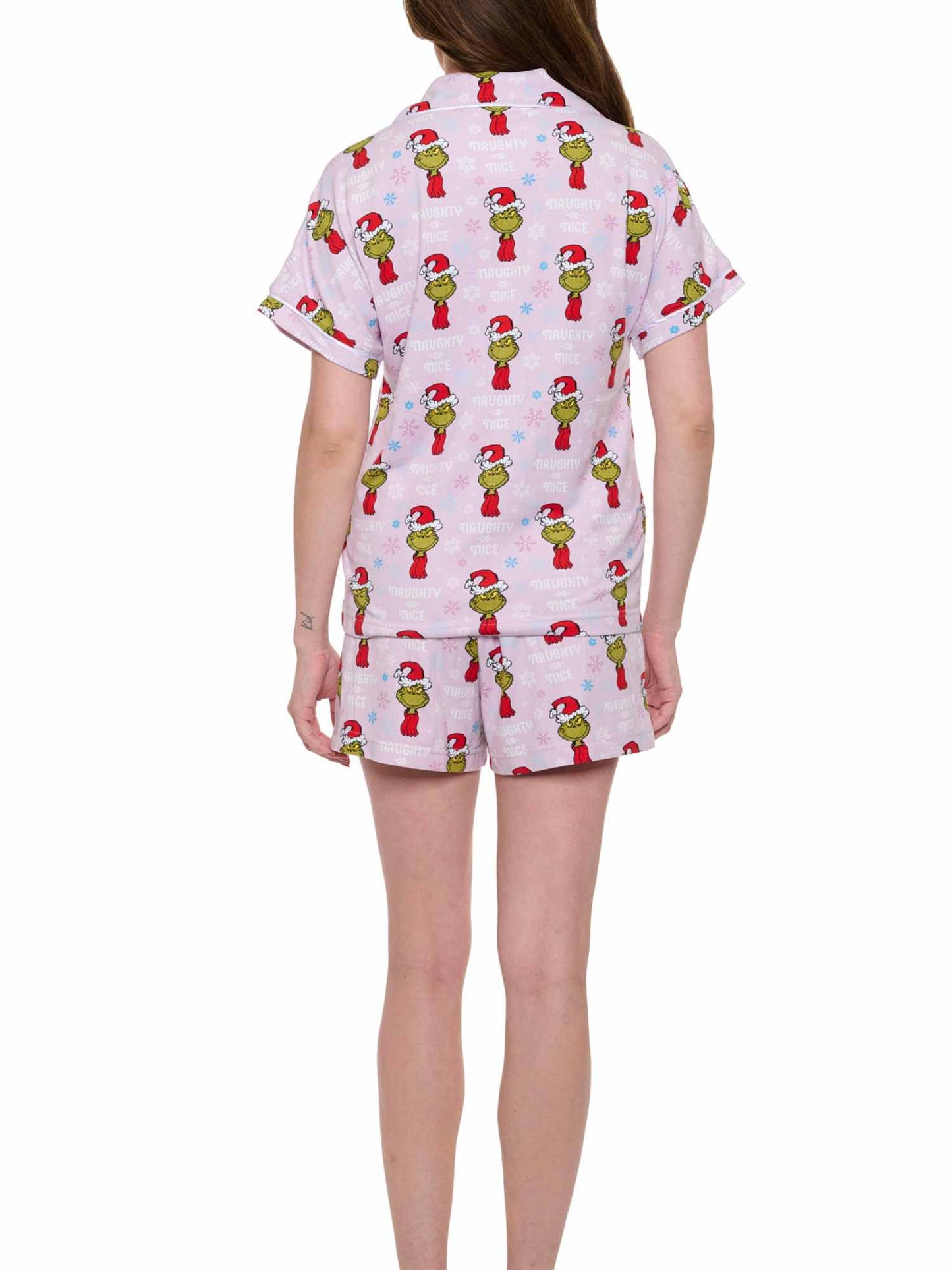 Womens Dr Seuss Grinch Pajamas Button Up Shirt and Shorts 2-Piece Lounge Set
