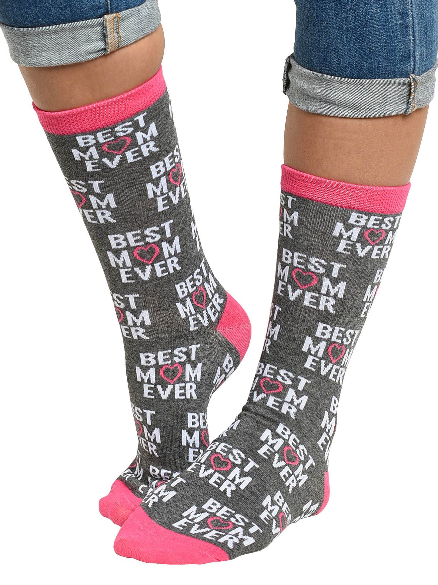 Women's Best Mom Ever Socks All-Over Print Novelty Crew Pink Gray