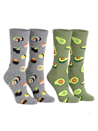 Women's Avocado & Sushi Rolls Sashimi Crew Socks 2-PAIRS All-Over Print Food
