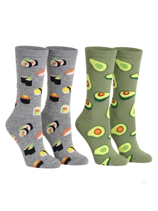 Women's Avocado & Sushi Rolls Sashimi Crew Socks 2-PAIRS All-Over Print Food