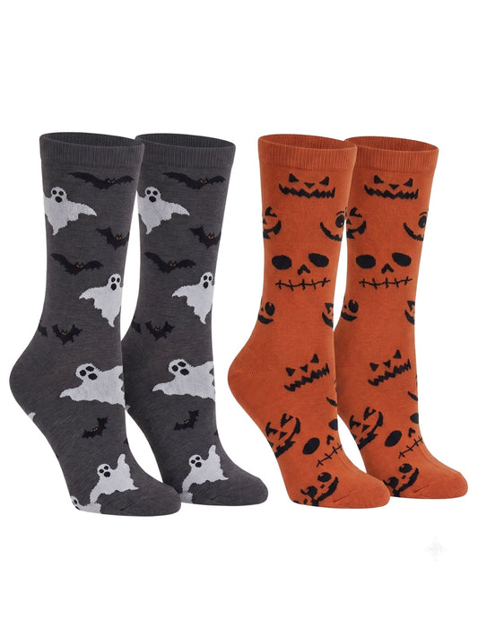 Women's Jack O Lantern and Bats & Ghosts Halloween Socks Novelty Crew 2-Pack