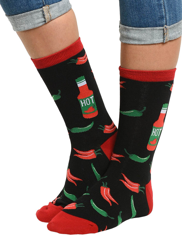 Women's Tacos & Hot Sauce Chili Peppers Food Novelty Socks (2 Pairs)