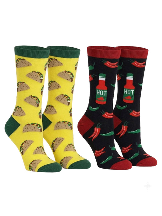 Women's Tacos & Hot Sauce Chili Peppers Food Novelty Socks (2 Pairs)