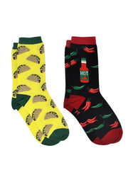 Women's Tacos & Hot Sauce Chili Peppers Food Novelty Socks (2 Pairs)