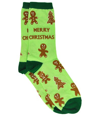 Women's Gingerbread Cookie Christmas Socks Novelty All-Over Print Green Crew