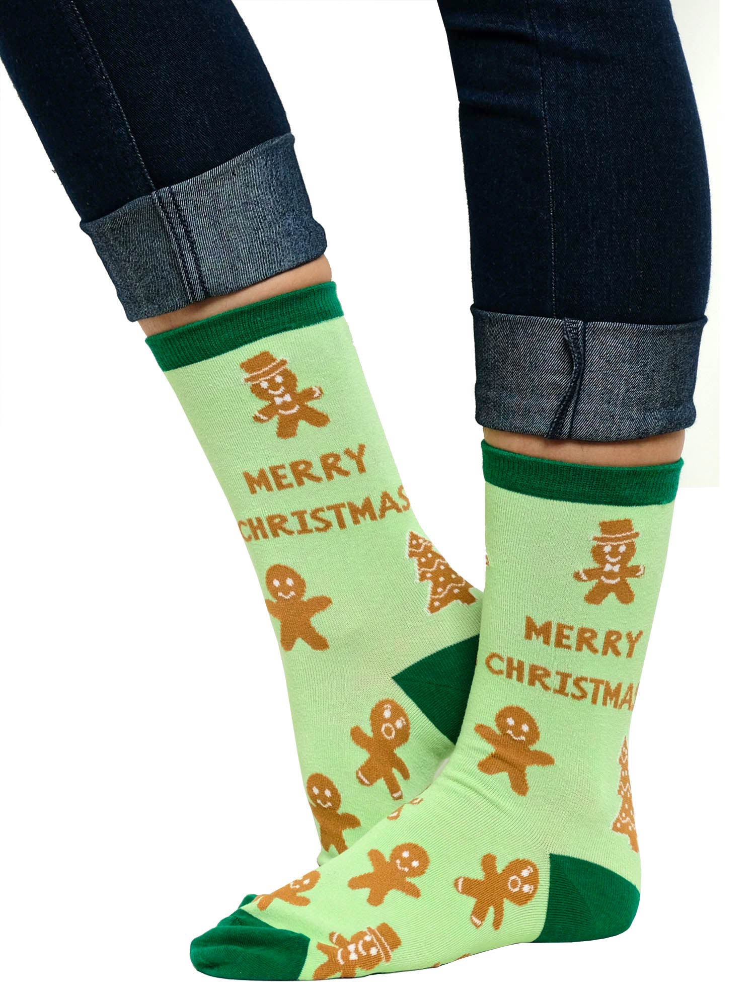 Women's Gingerbread Cookie Christmas Socks Novelty All-Over Print Green Crew