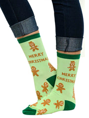 Women's Gingerbread Cookie Christmas Socks Novelty All-Over Print Green Crew