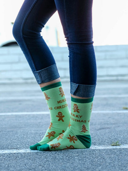 Women's Gingerbread Cookie Christmas Socks Novelty All-Over Print Green Crew