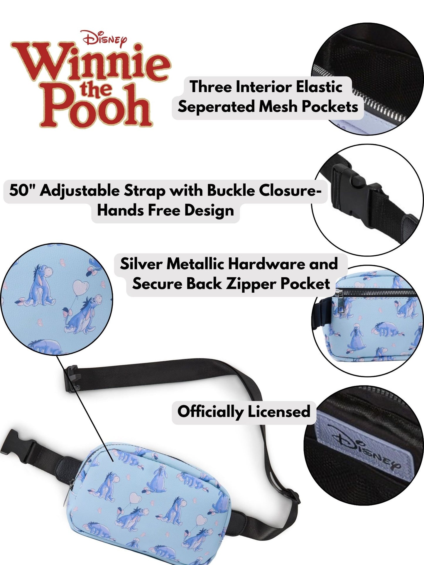 Disney Eeyore Belt Bag, Blue Faux Leather Fanny Pack Waist Bag for Women & Teens