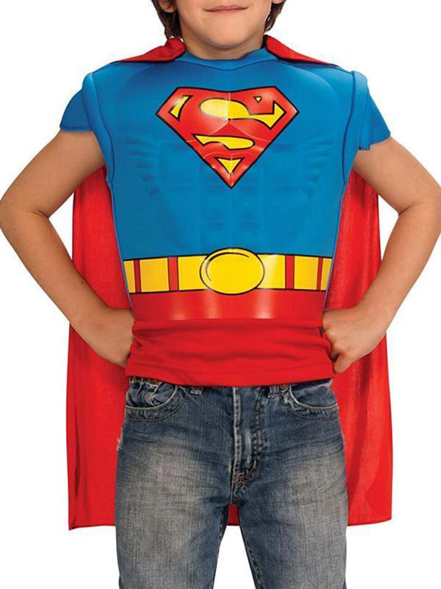 Boys Superman Muscle Shirt Hero Costume Detachable Cape (Size 4-6)
