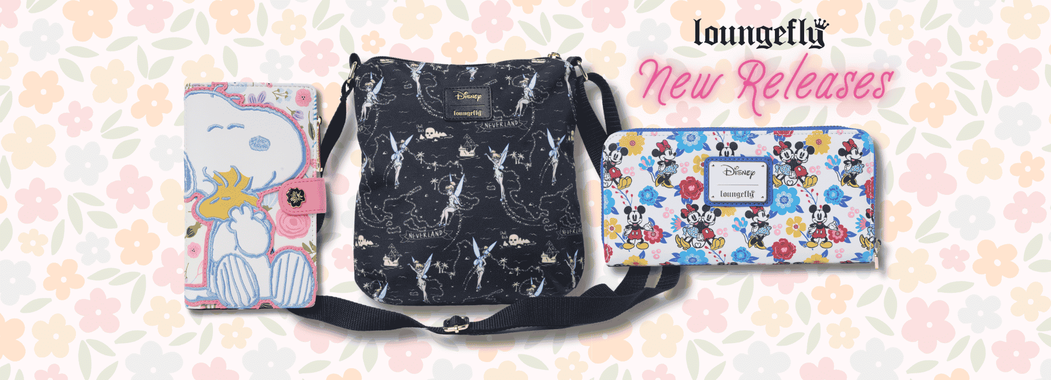 Three new Loungefly releases - Snoopy Wallet, Tinker Bell Crossbody Bag & Mickey & Minnie Wallet