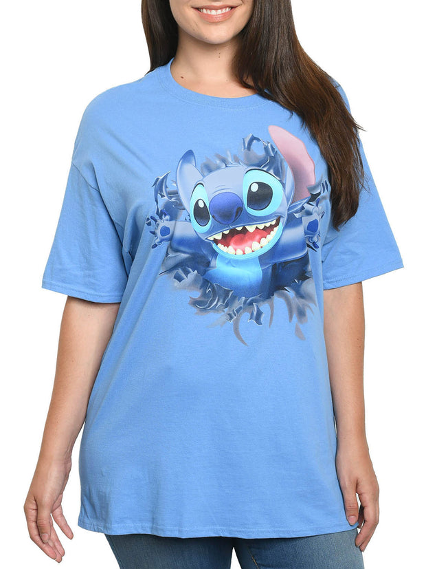 Disney Women's Plus Size Stitch Short Sleeve Front & Back T-Shirt Blue