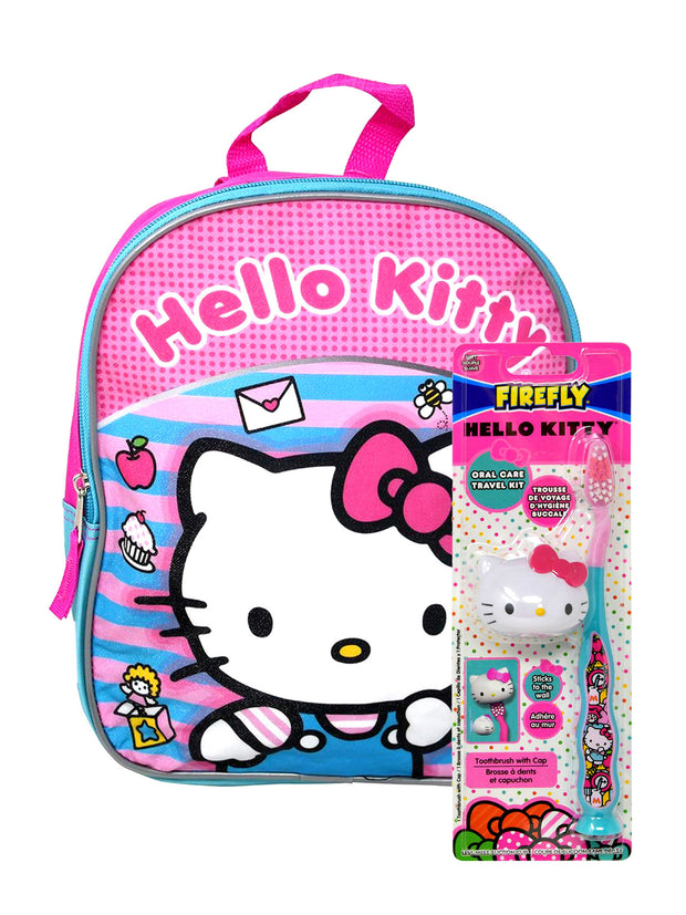 Hello Kitty Backpack 11" Mini Pink & Sanrio Suction Toothbrush w/ Cover Cap Set