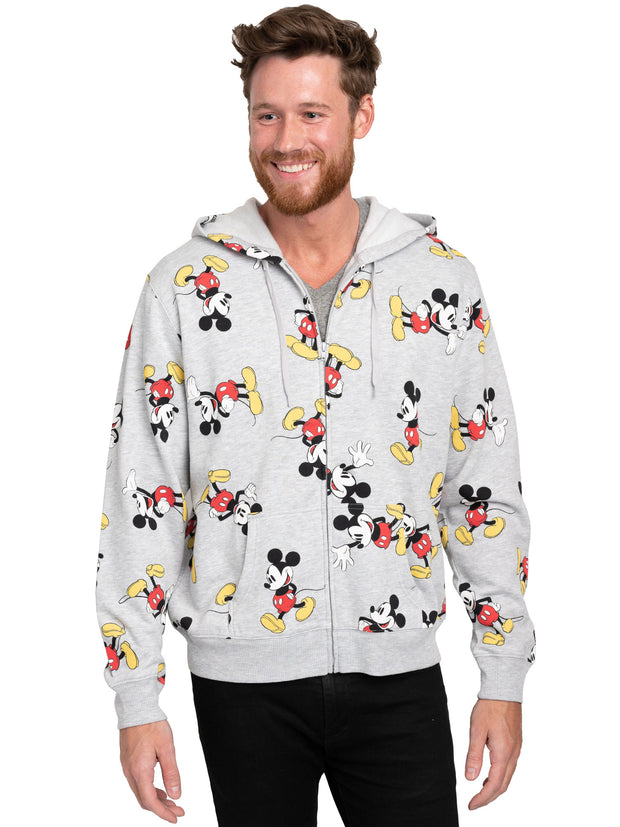 Disney Mens Mickey Mouse Zip Up Hoodie All-Over Print Sweatshirt Heather Gray