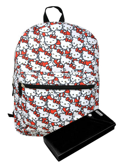 Hello Kitty Backpack 16" White All-Print Sanrio w/ Pencil Case School Set